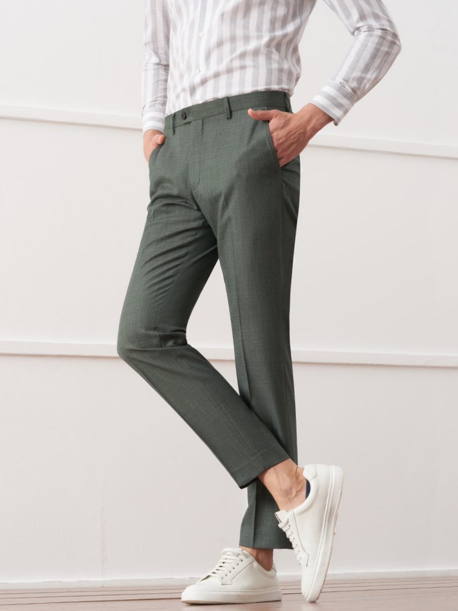 Sage Green Textured Slim Fit Trousers